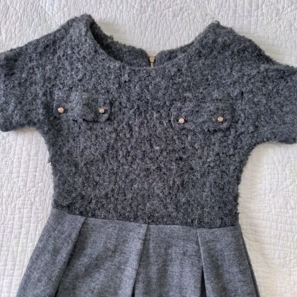 Add Wool Dress Gray Skull Faux Pocket Gold Fuzzy Winter Cozy Size Medium